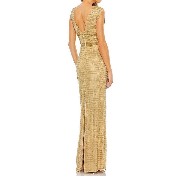 NWT MAC DUGGAL Gold Beaded Cap Sleeve V Neck Column Gown Size 4 style 5625 - Picture 3 of 14